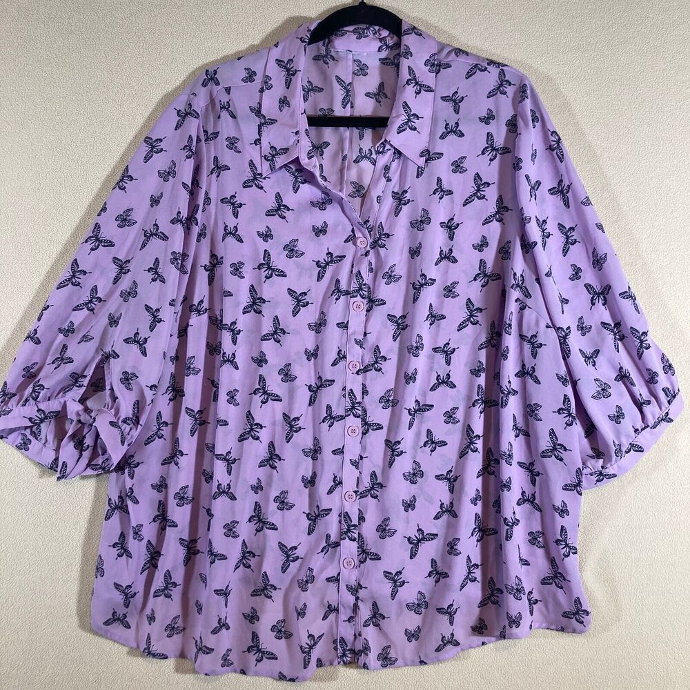 Catherine's Blouse Sz 2X Purple Butterfly‎ Button Up 3/4 Sleeve w/Tie